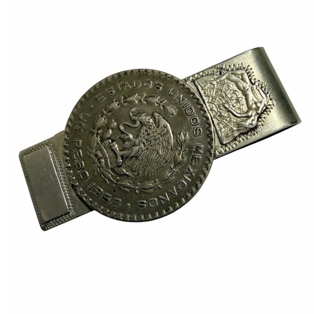 Vintage Taxco Mexican 925 Sterling Silver Money Clip 1958 Un Peso Coin - Picture 7 of 7